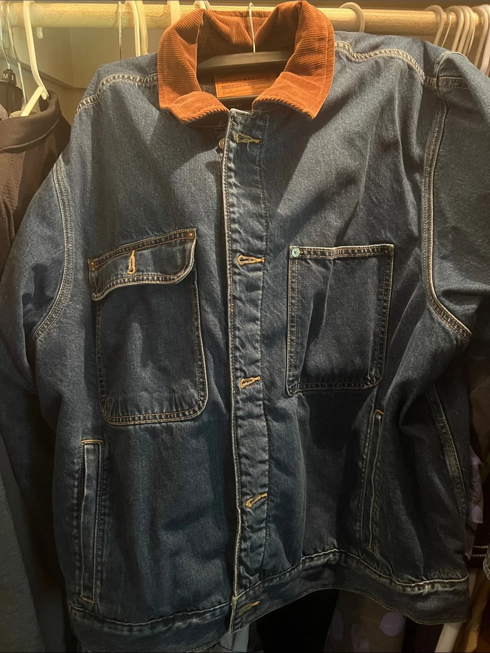 Lucky Brand Men's Denim Jacket with Brown Corduroy Collar
